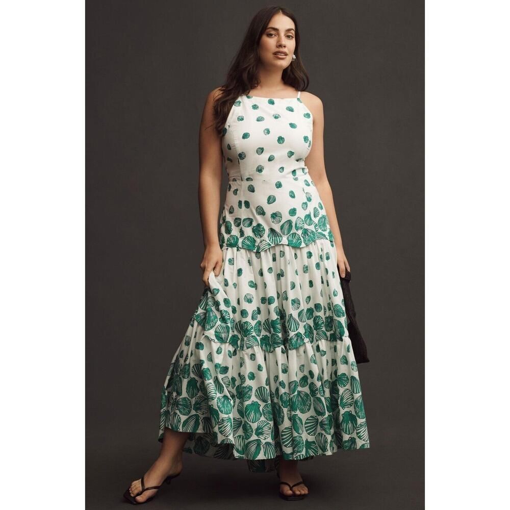 Anthropologie Maeve Halter Tiered Maxi Dress Size Medium White Green Seashells